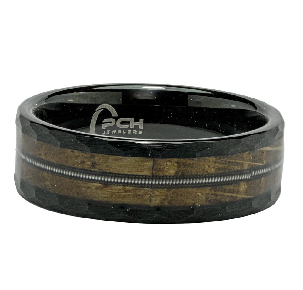 Black Tungsten Whiskey Barrel Wood & Guitar String Ring, 8mm Comfort Fit Wedding Band