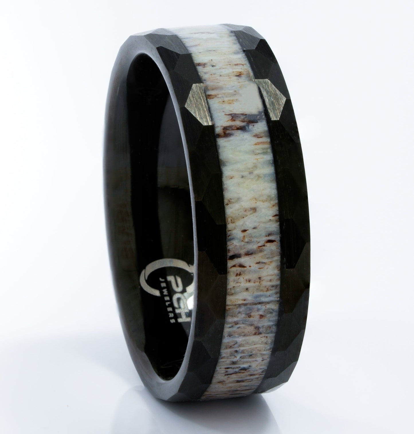 Black Tungsten Antler Ring with Hammered Finish, 8mm Comfort Fit Wedding Band - PCH Jewelers INC.