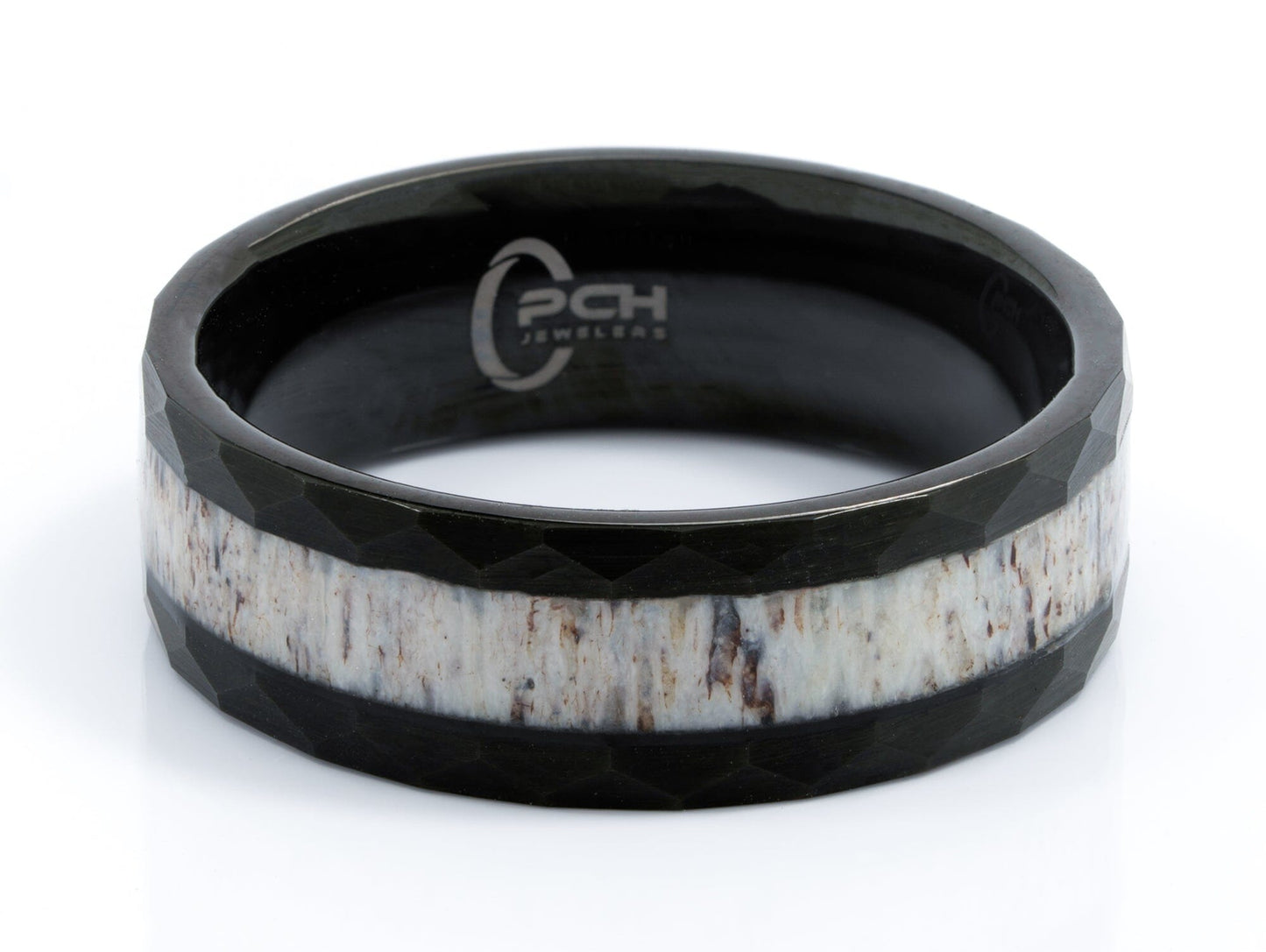 Black Tungsten Antler Ring with Hammered Finish, 8mm Comfort Fit Wedding Band - PCH Jewelers INC.