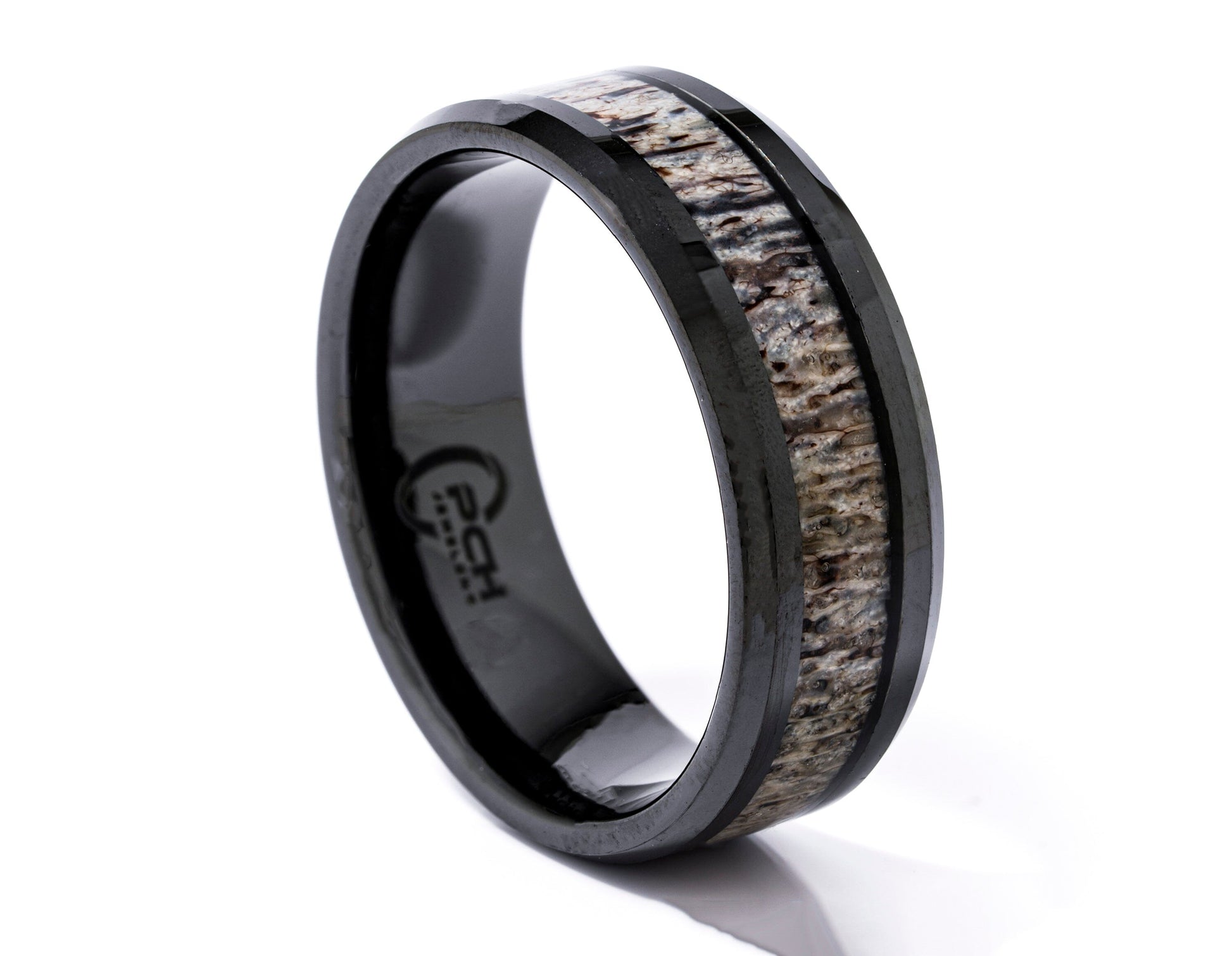 Antler Ring in Black Ceramic, Beveled Edge 8mm Comfort Fit Wedding Band - PCH Jewelers INC.