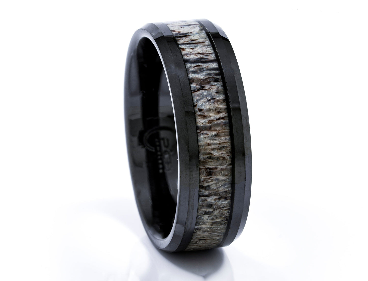 Antler Ring in Black Ceramic, Beveled Edge 8mm Comfort Fit Wedding Band - PCH Jewelers INC.