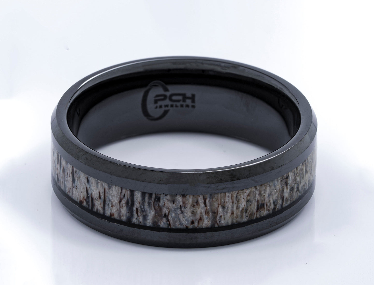 Antler Ring in Black Ceramic, Beveled Edge 8mm Comfort Fit Wedding Band - PCH Jewelers INC.