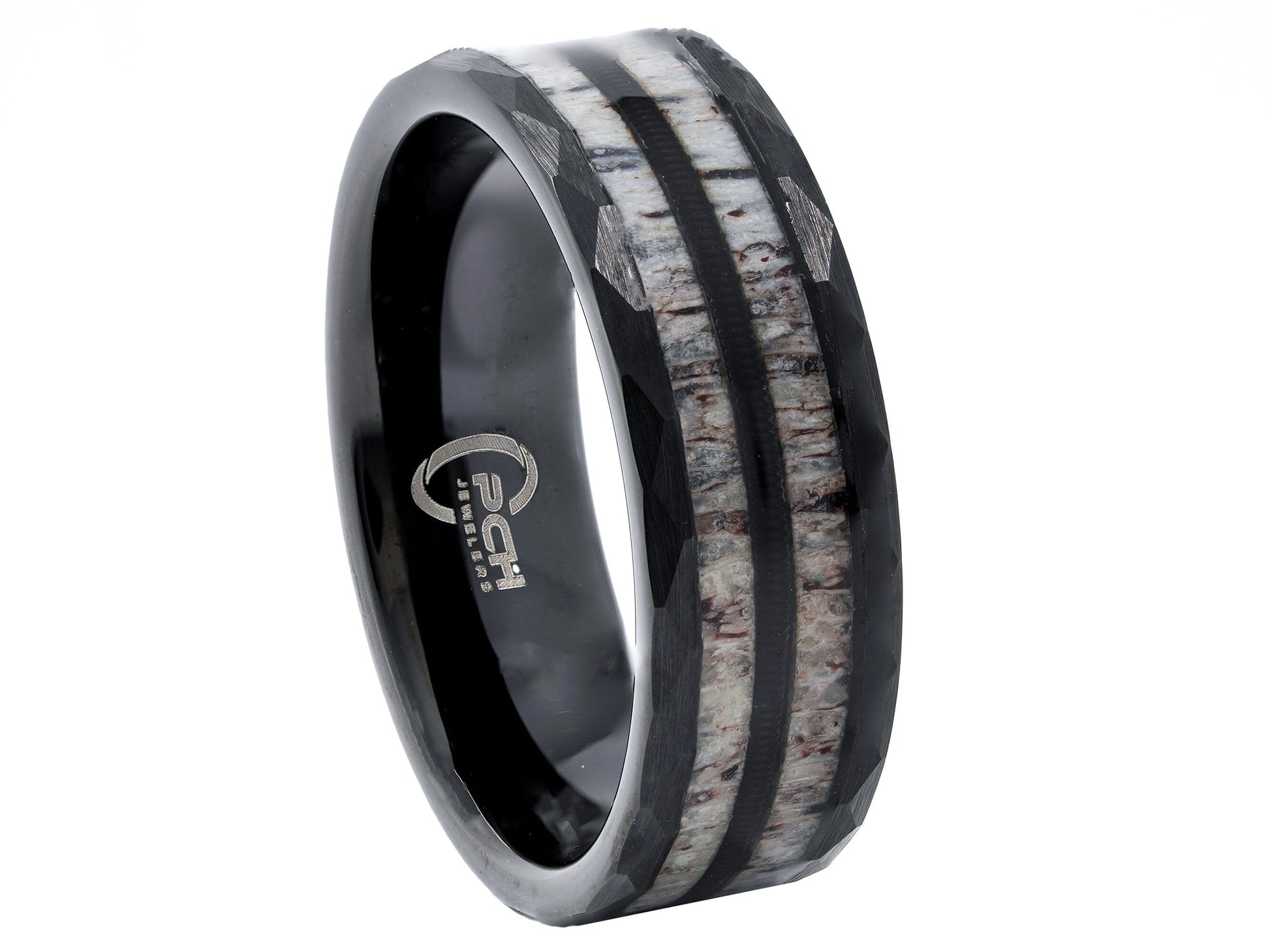 Black Tungsten Guitar String, Antler Ring, 8mm Comfort Fit Wedding Band - PCH Jewelers INC.