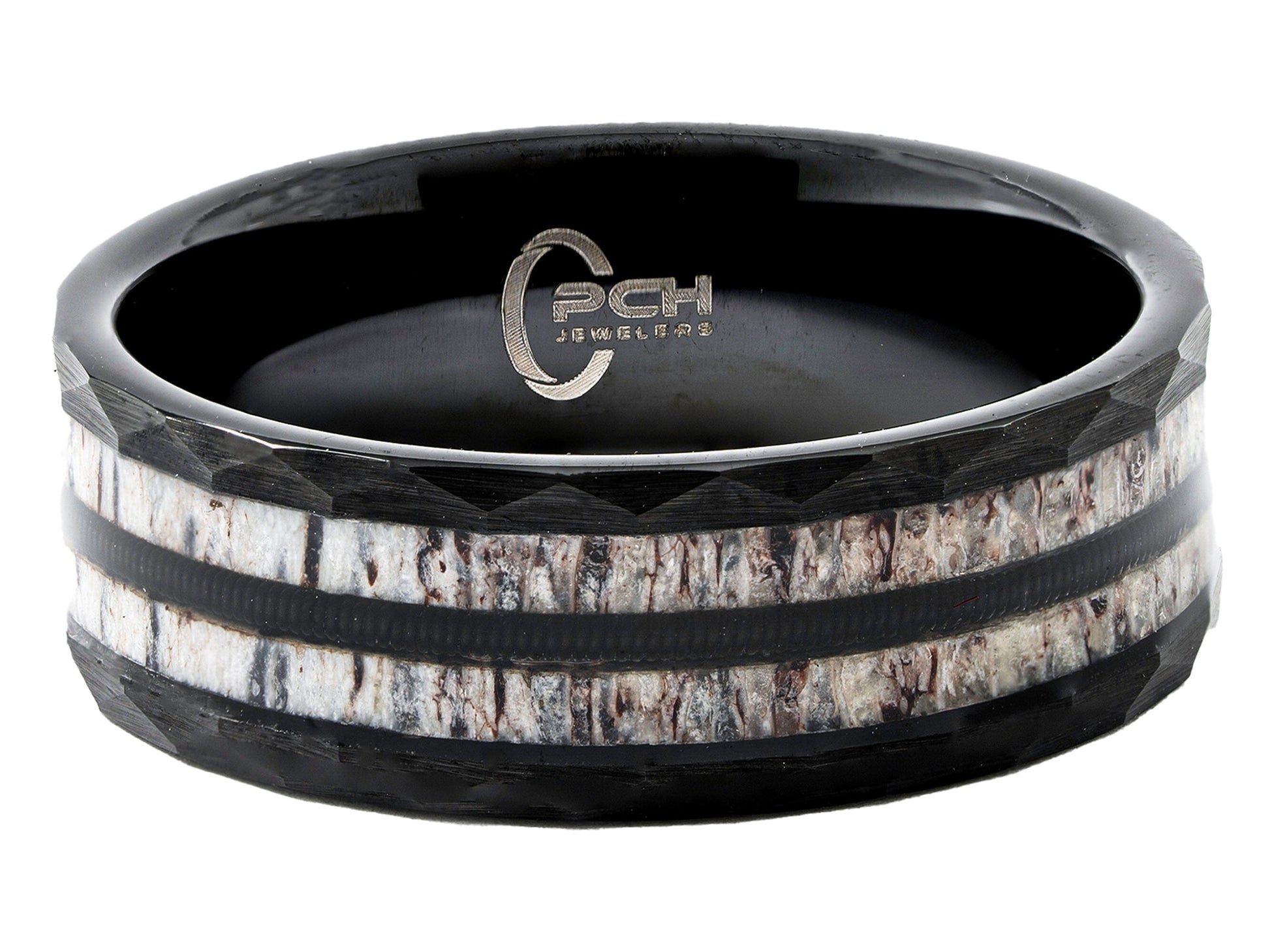 Black Tungsten Guitar String, Antler Ring, 8mm Comfort Fit Wedding Band - PCH Jewelers INC.
