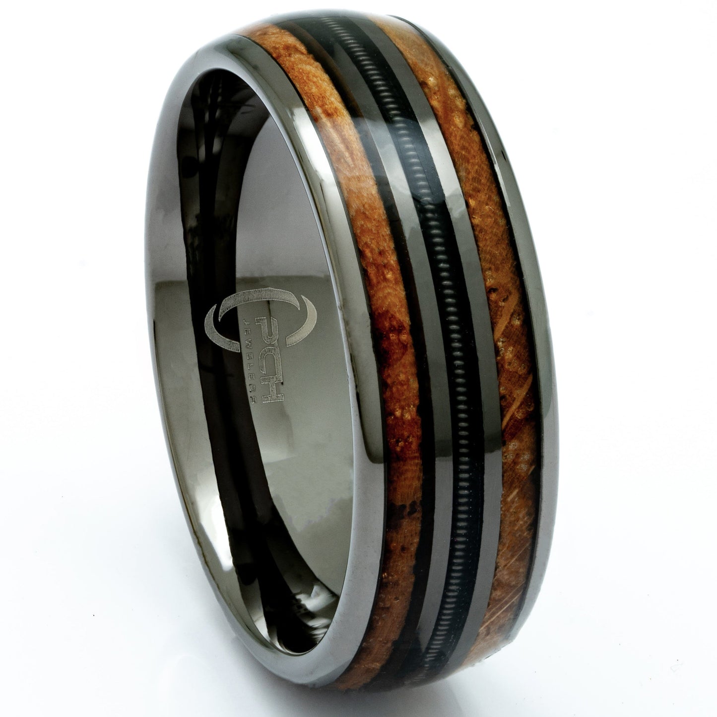 Tungsten, Whiskey Barrel, Guitar String Ring, 8mm Comfort Fit Wedding Band - PCH Jewelers INC.