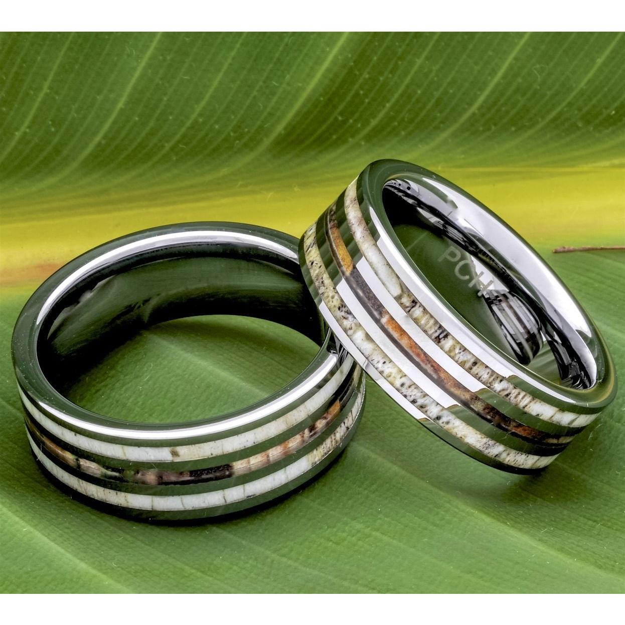 Deer Antler Ring With Camo Inlay, Tungsten Carbide, 8mm Comfort Fit Wedding Band - PCH Rings