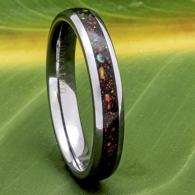 Tungsten Ring With Australian Opal Inlay, 4mm Comfort Fit Wedding Band - PCH Rings