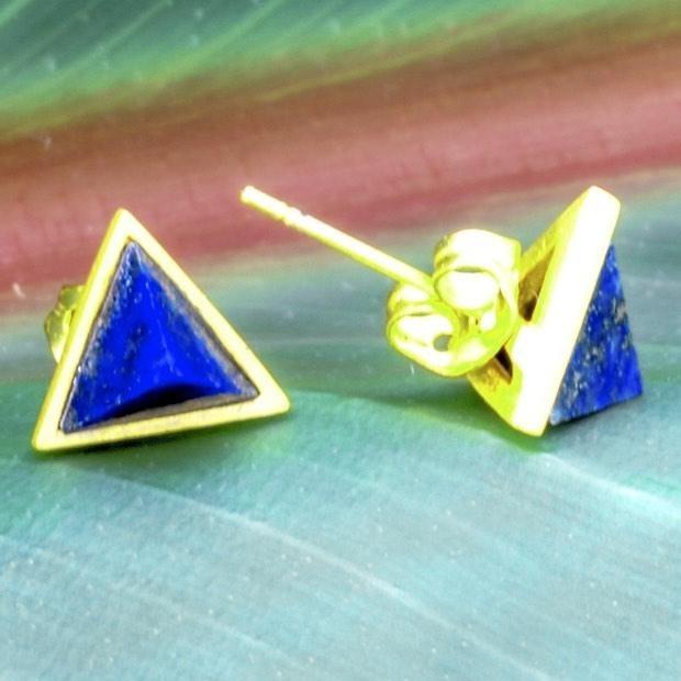 Triangle Lapis Stud Earrings, 14k gold overlay fashion Jewelry - PCH Rings