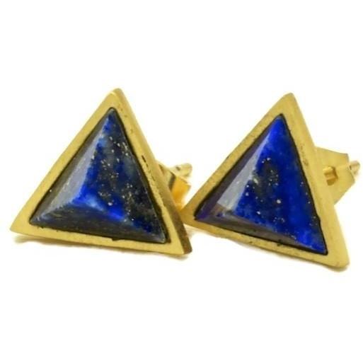 Triangle Lapis Stud Earrings, 14k gold overlay fashion Jewelry - PCH Rings