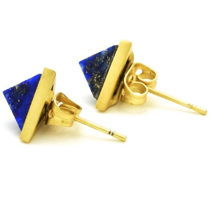 Triangle Lapis Stud Earrings, 14k gold overlay fashion Jewelry - PCH Rings