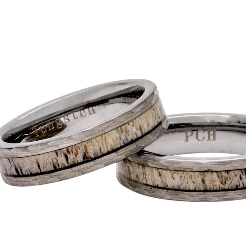 Tungsten Deer Antler Ring, Hammered Finish, 6mm Comfort Fit Wedding Band - PCH Rings