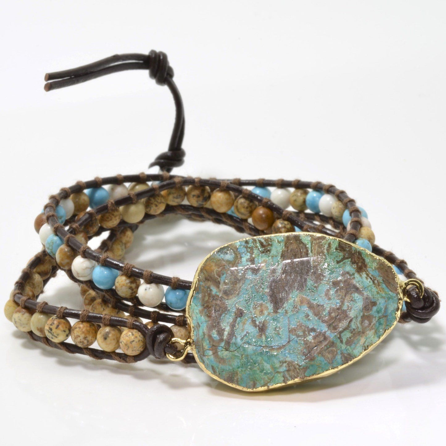 Ladies Leather And Gemstone Wrap Bracelet With Jasper, Turquoise And Agate - PCH Rings