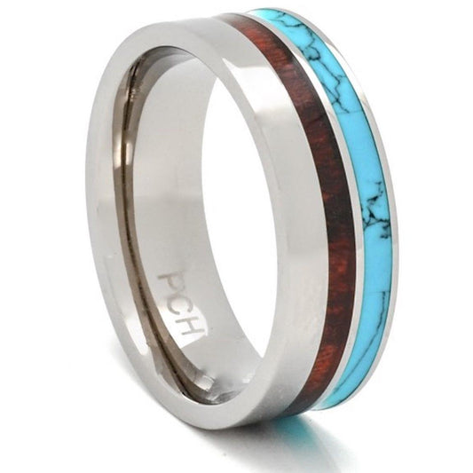 Men's Titanium Ring With Koa Wood and Turquoise Inlay, 8mm Comfort Fit Wedding Band - PCH Rings