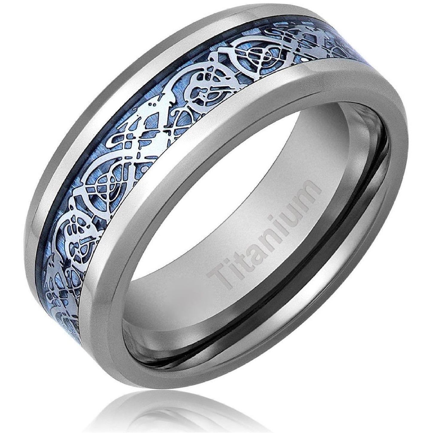 Titanium Blue Dragon Celtic Ring, Irish Wedding Band, 8mm Comfort Fit Wedding Band - PCH Rings