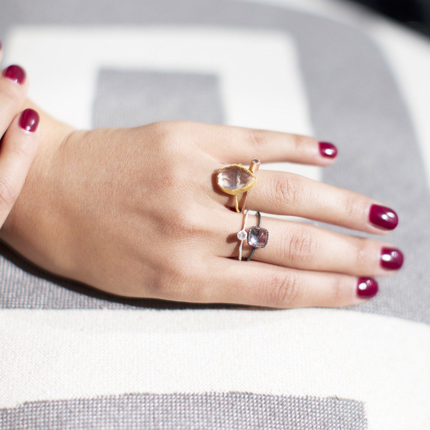 Set of 4 Stacking Rings, Fashion Stackable Bands With Quartz Gemstones - PCH Rings