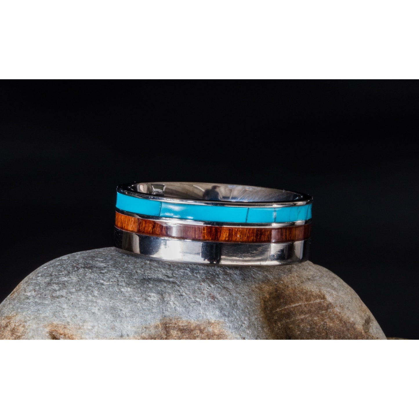 Men's Titanium Ring With Koa Wood and Turquoise Inlay, 8mm Comfort Fit Wedding Band - PCH Rings