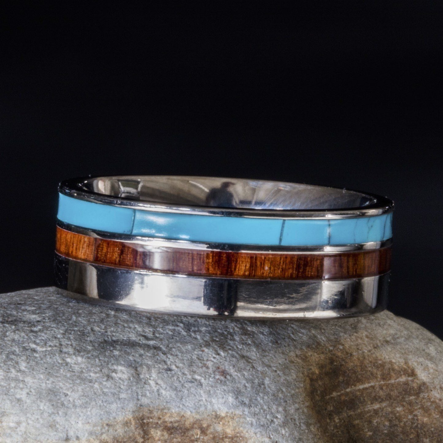 Men's Titanium Ring With Koa Wood and Turquoise Inlay, 8mm Comfort Fit Wedding Band - PCH Rings