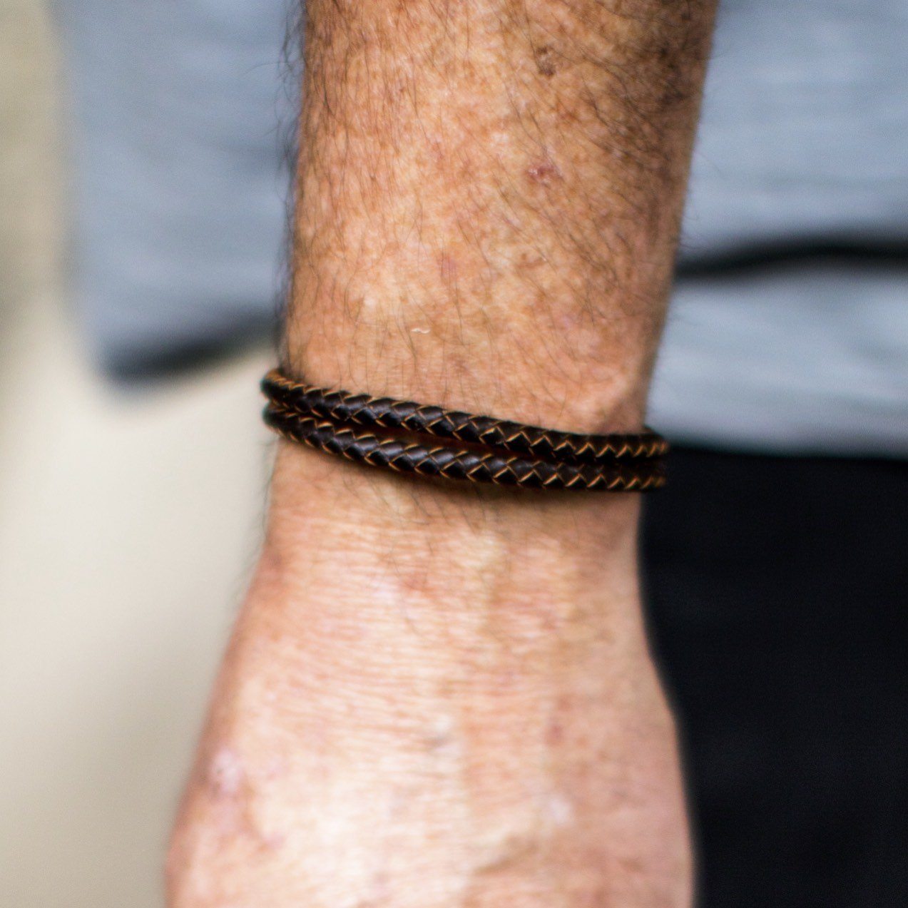 Men's Brown Leather Bracelet With Stainless Steel Clasp, 8" Long - PCH Rings