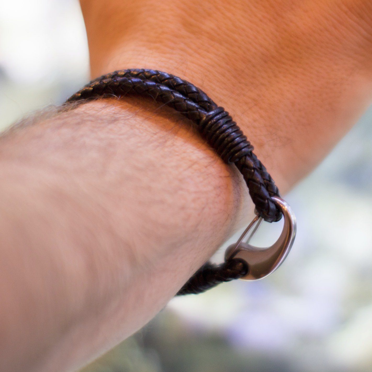 Men's Black Leather Bracelet With Stainless Steel Clasp, 8" Long - PCH Rings