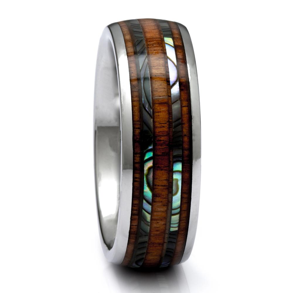 Tungsten Ring With Hawaiian Koa Wood Ring And Abalone Inlay,  8mm Comfort Fit Wedding Band - PCH Rings