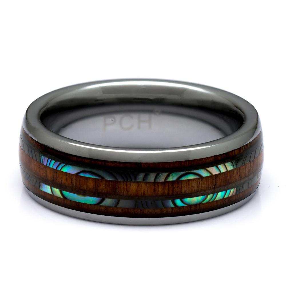 Tungsten Ring With Hawaiian Koa Wood Ring And Abalone Inlay, 8mm Comfort Fit Wedding Band - PCH Rings