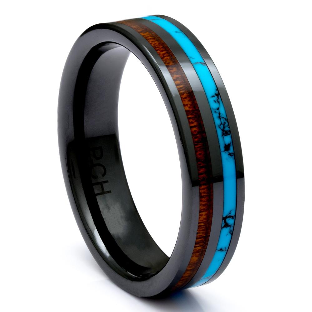 Black Ceramic Wood Ring With Turquoise Inlay, 6mm Comfort Fit Wedding Band - PCH Rings