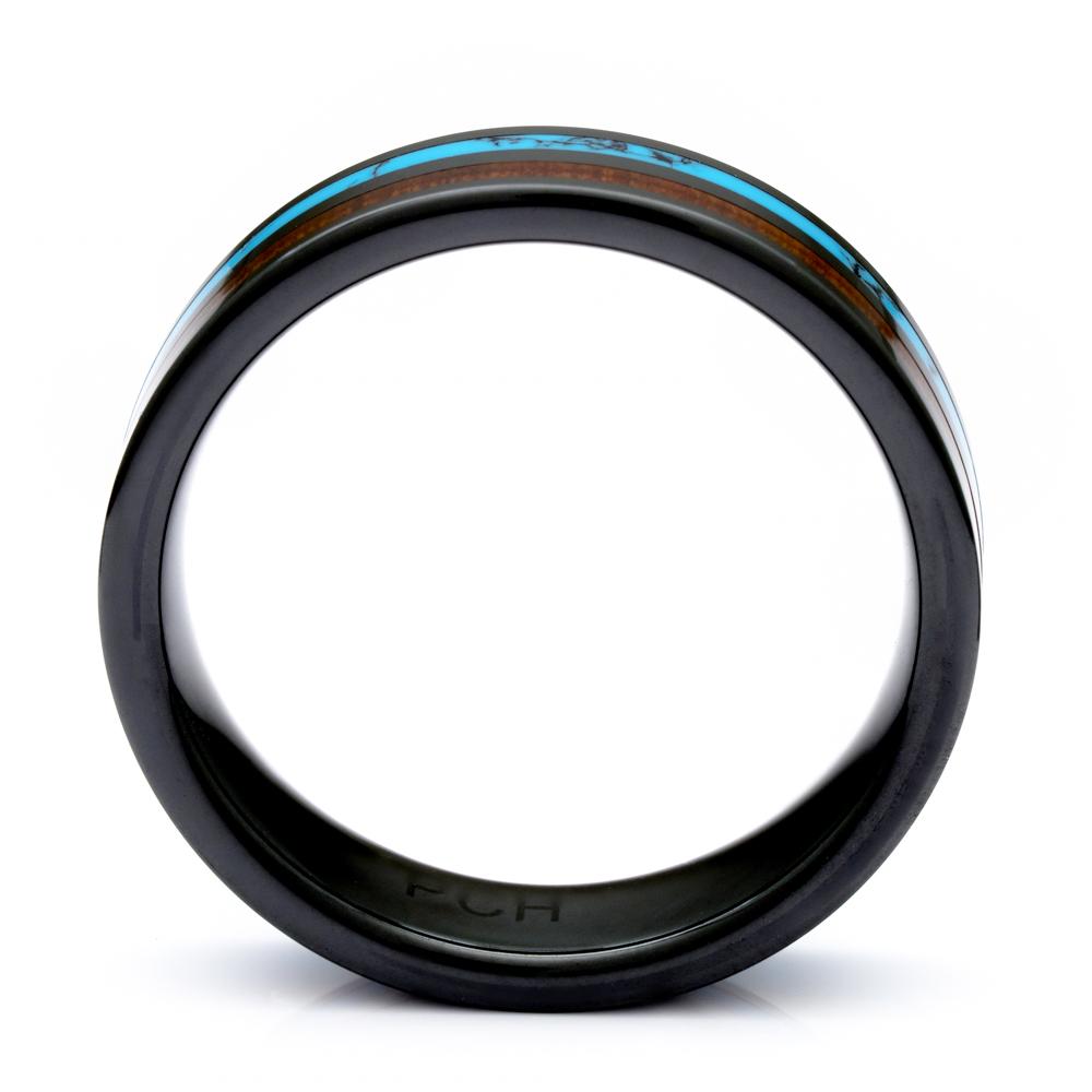 Black Ceramic Wood Ring With Turquoise Inlay, 6mm Comfort Fit Wedding Band - PCH Rings