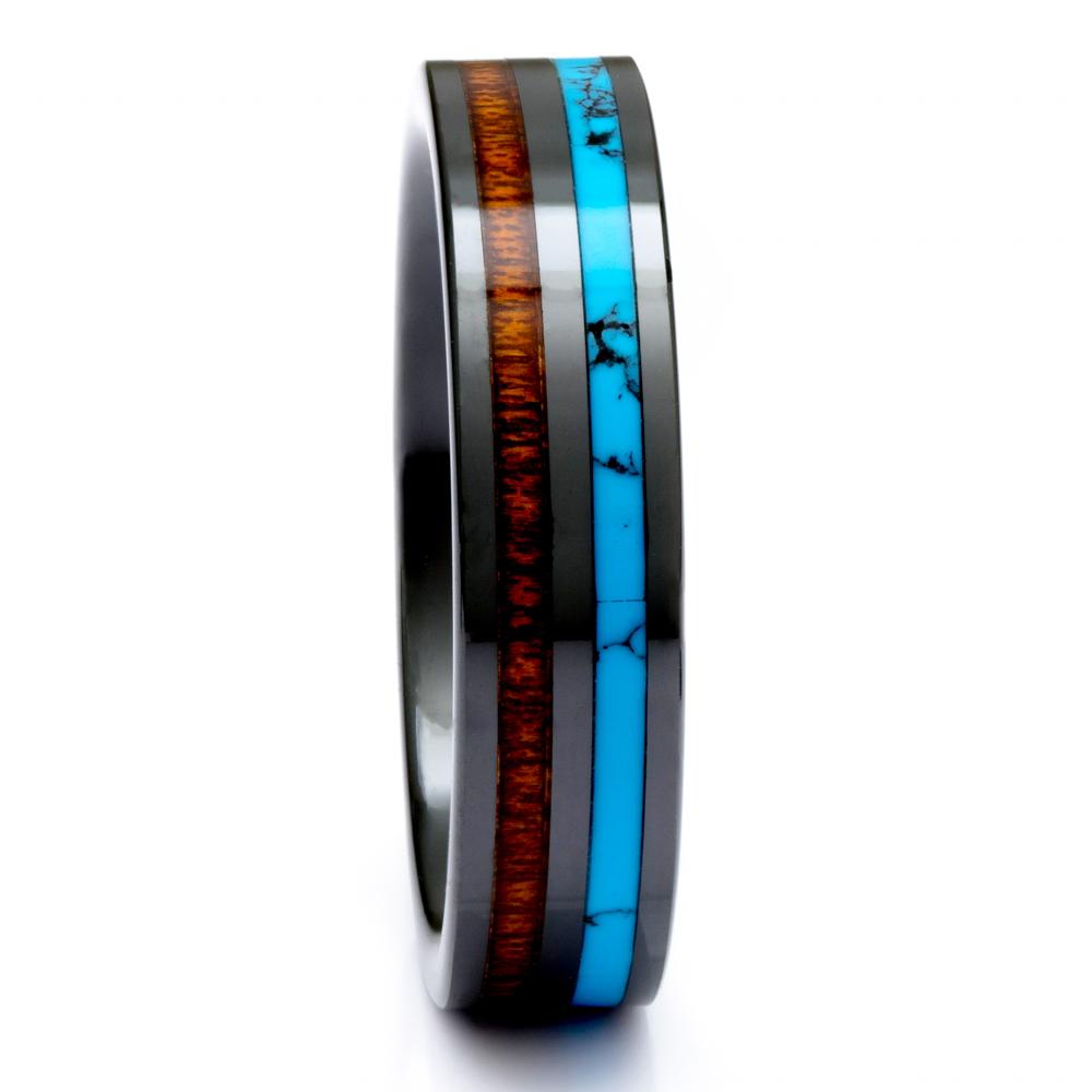 Black Ceramic Wood Ring With Turquoise Inlay, 6mm Comfort Fit Wedding Band - PCH Rings