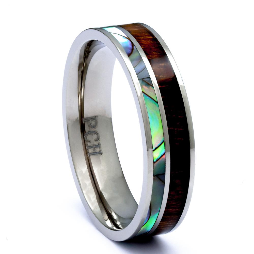 Hawaiian Koa Wood Ring with Abalone Inlay, 6mm Titanium Wedding Band 10 / Default Color