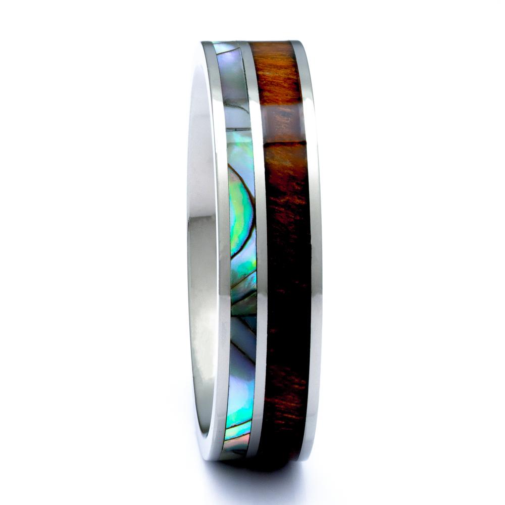 Hawaiian Koa Wood Ring With Abalone Inlay, 6mm Titanium Wedding Band - PCH Rings