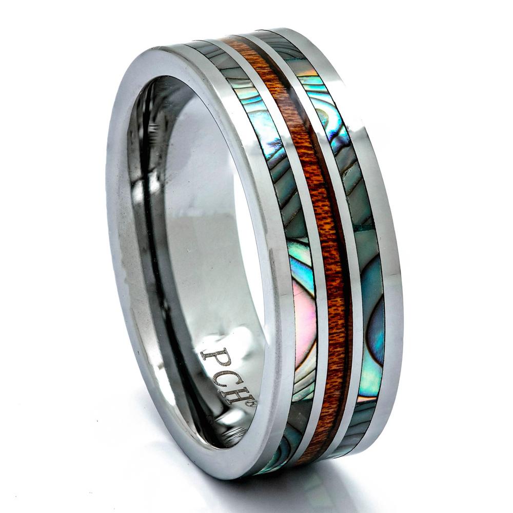 Tungsten Wood Ring With Abalone Shell Inlay, 8mm Comfort Fit Wedding Band