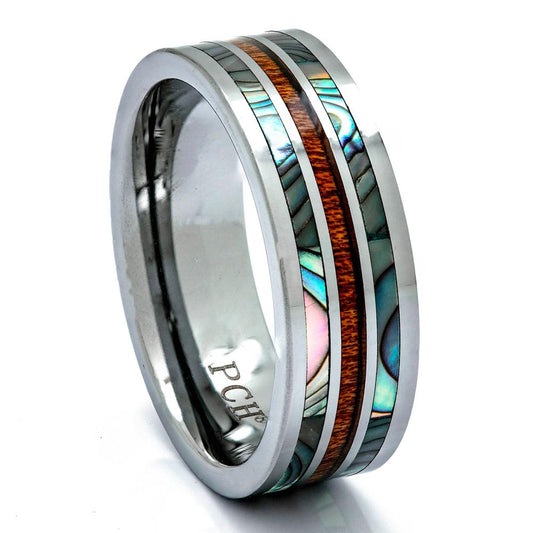 Tungsten Wood Ring With Abalone Shell Inlay, 8mm Comfort Fit Wedding Band - PCH Rings