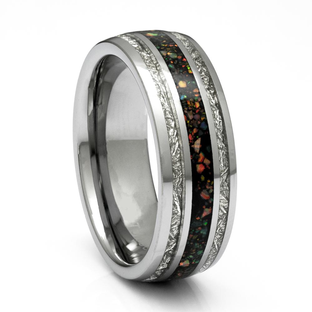 Tungsten Meteorite Ring And Opal Sandblasted Hammered Black