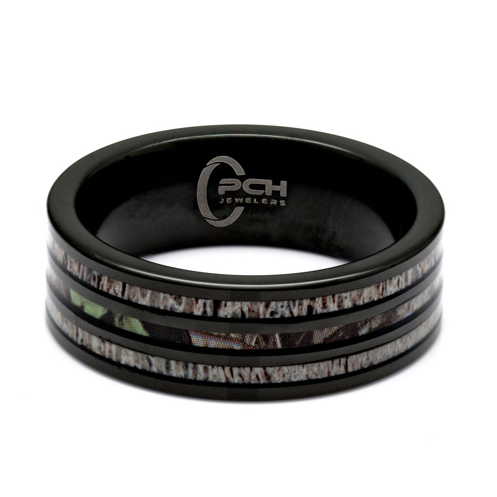 Black Tungsten Deer Antler and Camo Ring, 8mm Comfort Fit Wedding Band - PCH Rings