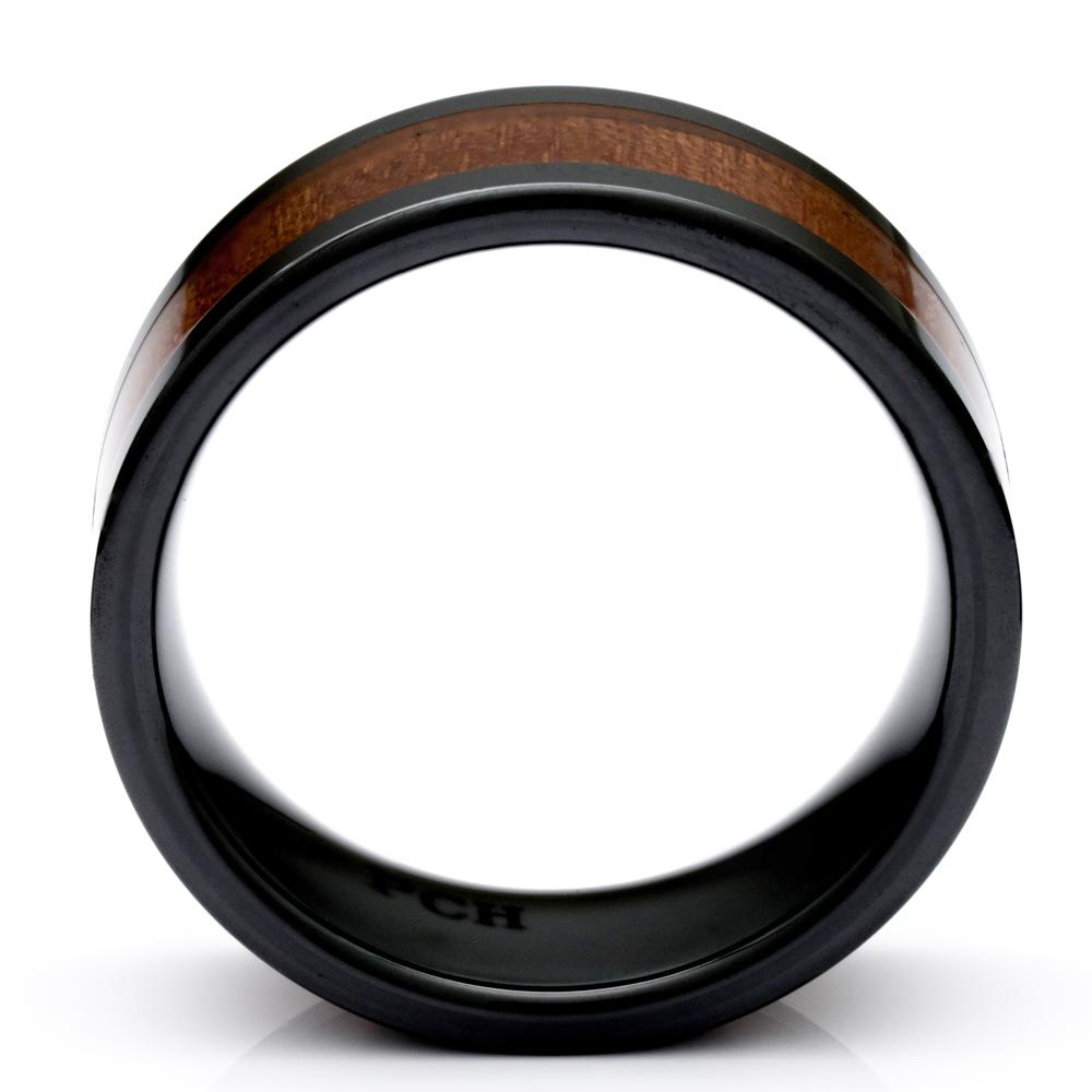 Hawaiian Koa Wood Ring, Black Ceramic Ring, 9mm Comfort Fit Wedding Band - PCH Rings