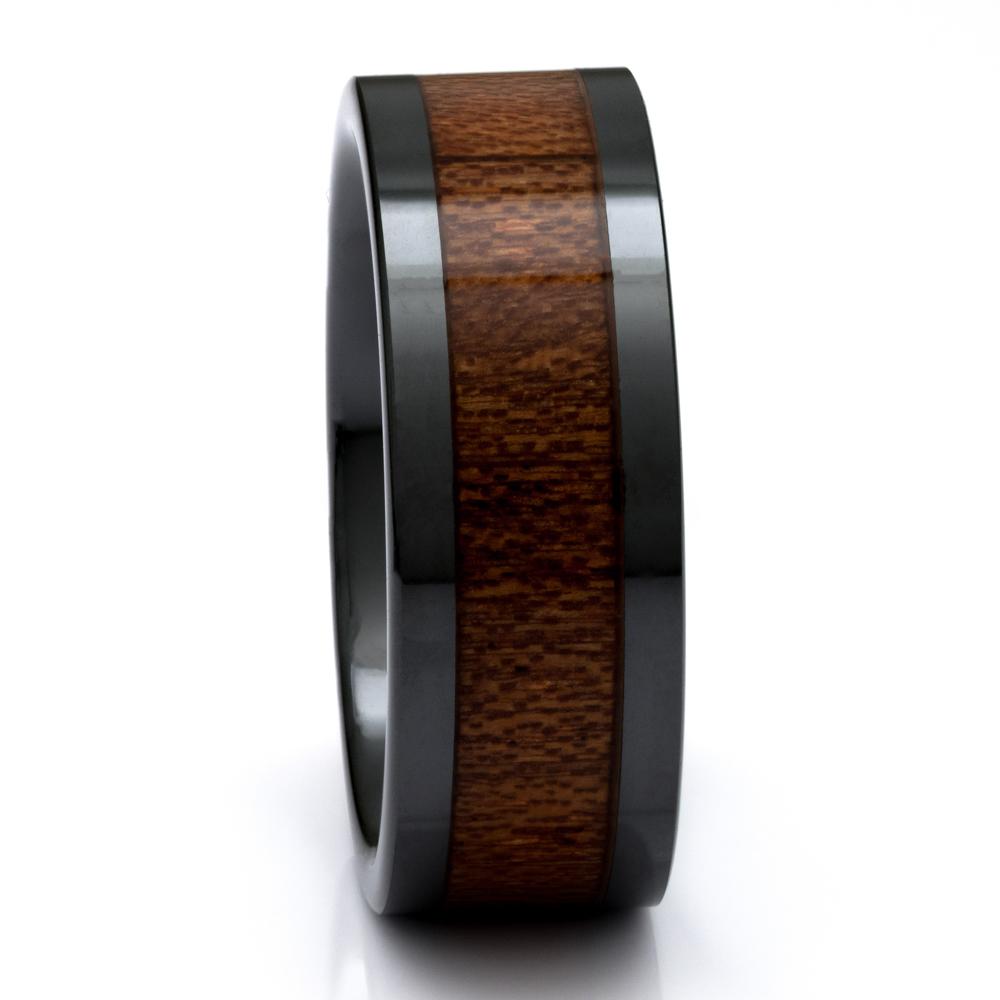 Hawaiian Koa Wood Ring, Black Ceramic Ring, 9mm Comfort Fit Wedding Band - PCH Rings