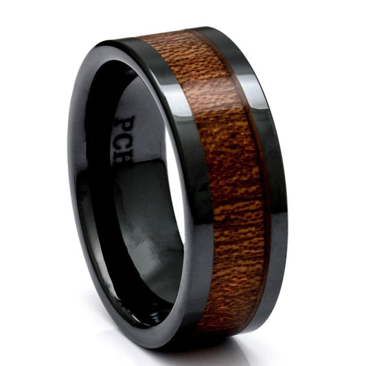 Hawaiian Koa Wood Ring, Black Ceramic Ring, 9mm Comfort Fit Wedding Band - PCH Rings