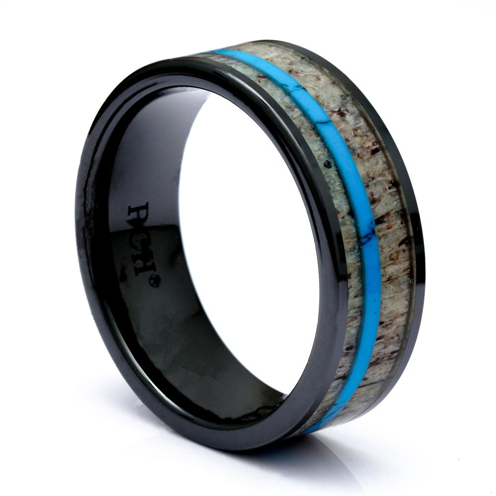 Deer Antler Ring With Turquoise Inlay, Black Ceramic 8mm Comfort Fit Wedding Band - PCH Rings