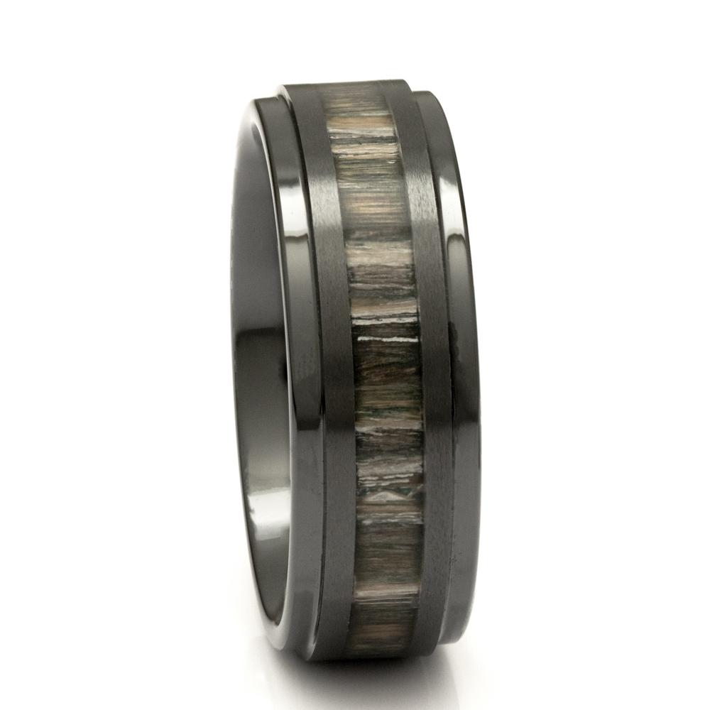 Black Ceramic Wood Ring With Zebra Wood Inlay, 8mm Comfort Fit Wedding Band - PCH Rings