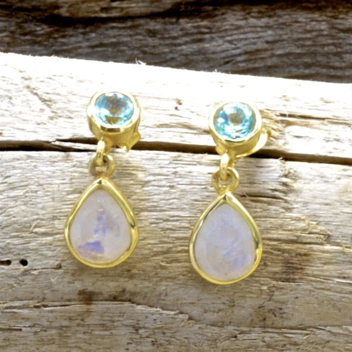 Sterling Silver Blue Topaz And Moonstone Earrings, 925 Drop Earrings - PCH Rings