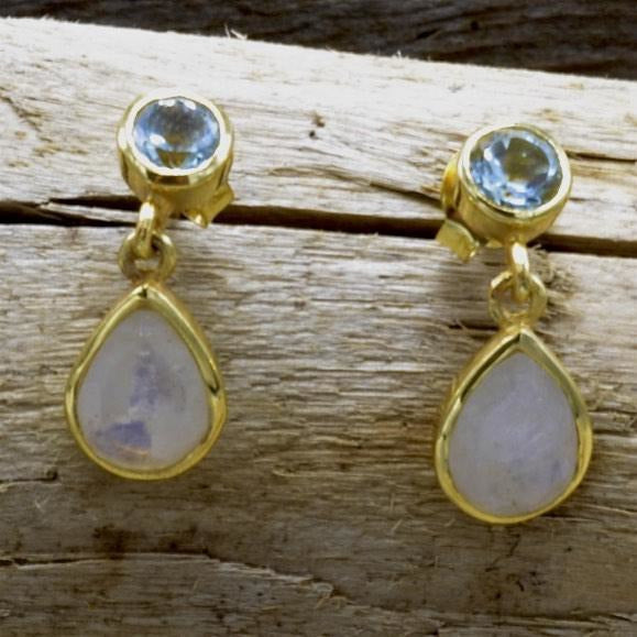 Sterling Silver Blue Topaz And Moonstone Earrings, 925 Drop Earrings - PCH Rings