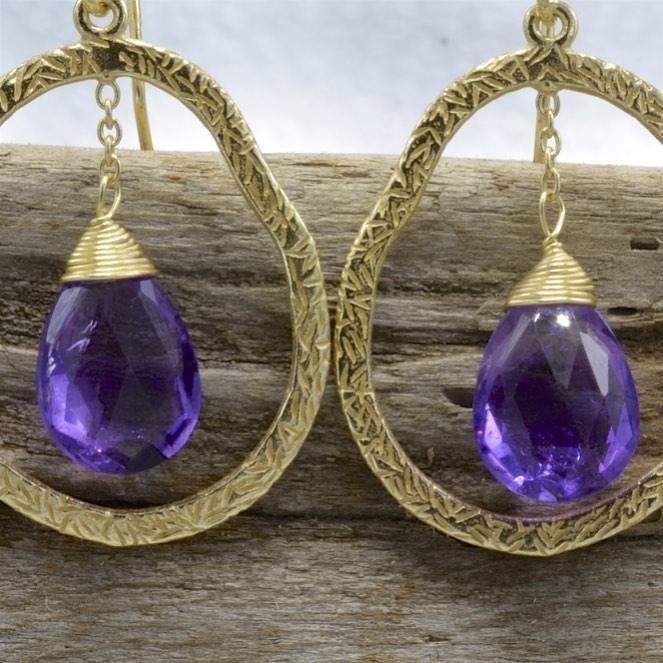 Genuine Amethyst Drop Earrings, Sterling Silver With 18K Gold Overlay - PCH Rings