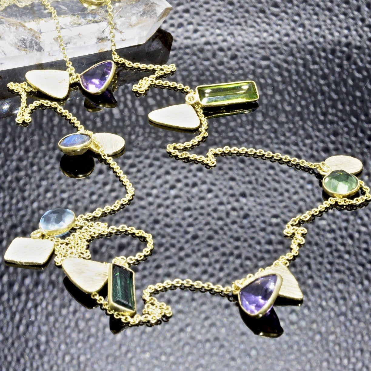 Gold Gemstone Necklace With Amethyst, Quartz, Labradorite, Peridot, Tourmaline and Blue Topaz - PCH Rings