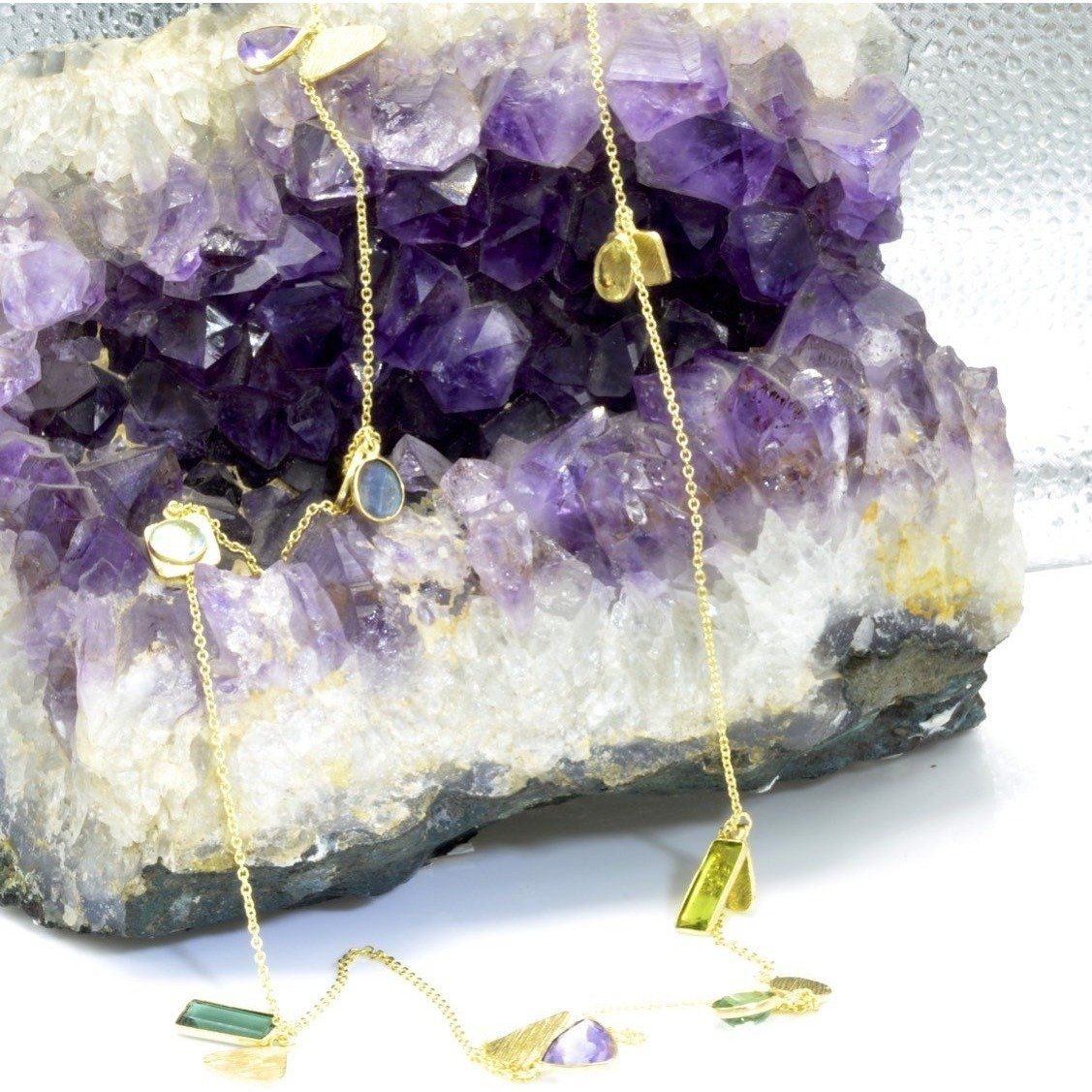 Gold Gemstone Necklace With Amethyst, Quartz, Labradorite, Peridot, Tourmaline and Blue Topaz - PCH Rings