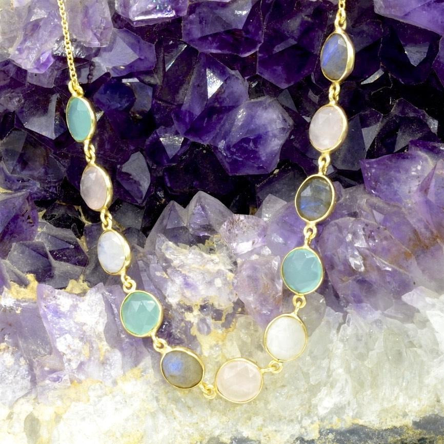 Sterling Silver Gemstone Necklace With Labradorite, Moonstone, Calcite and Rose Quartz - PCH Rings