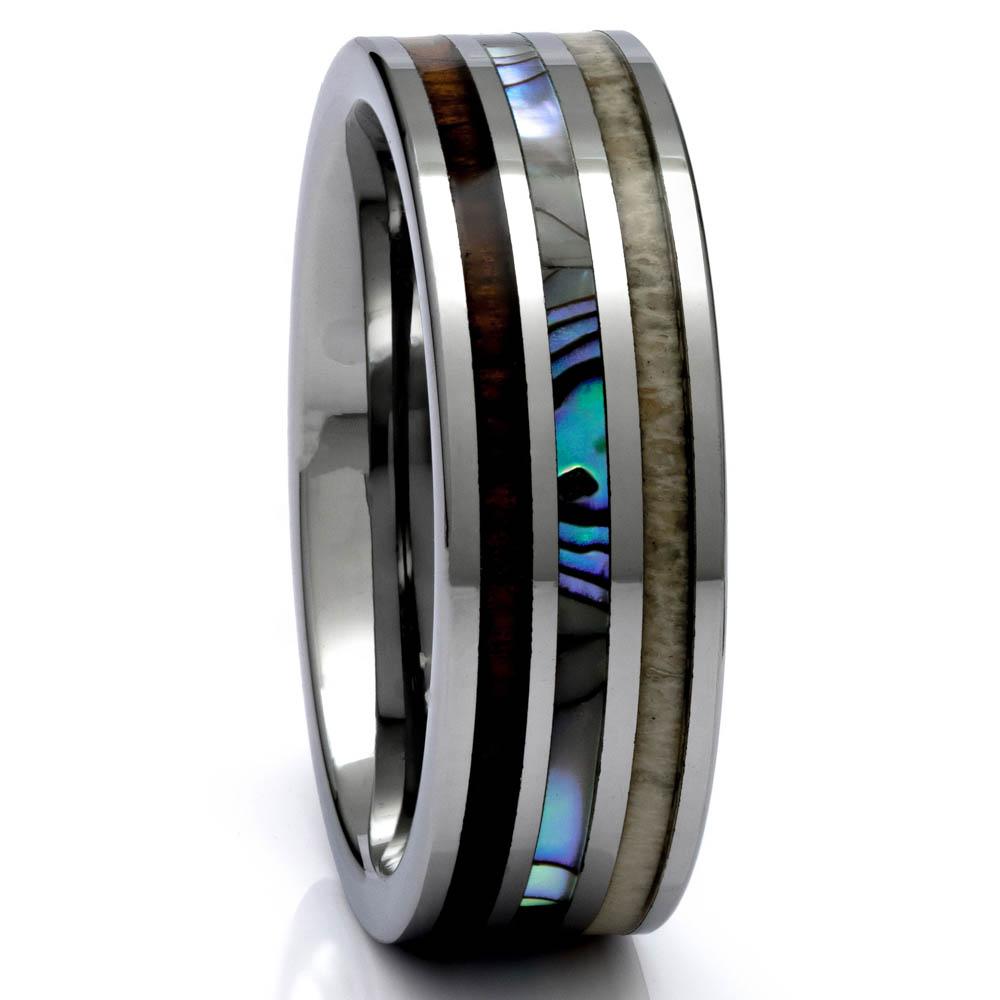 Men's Tungsten Abalone Shell and Antler Ring With Koa Wood Inlay, 8mm Comfort Fit Wedding Band - PCH Rings