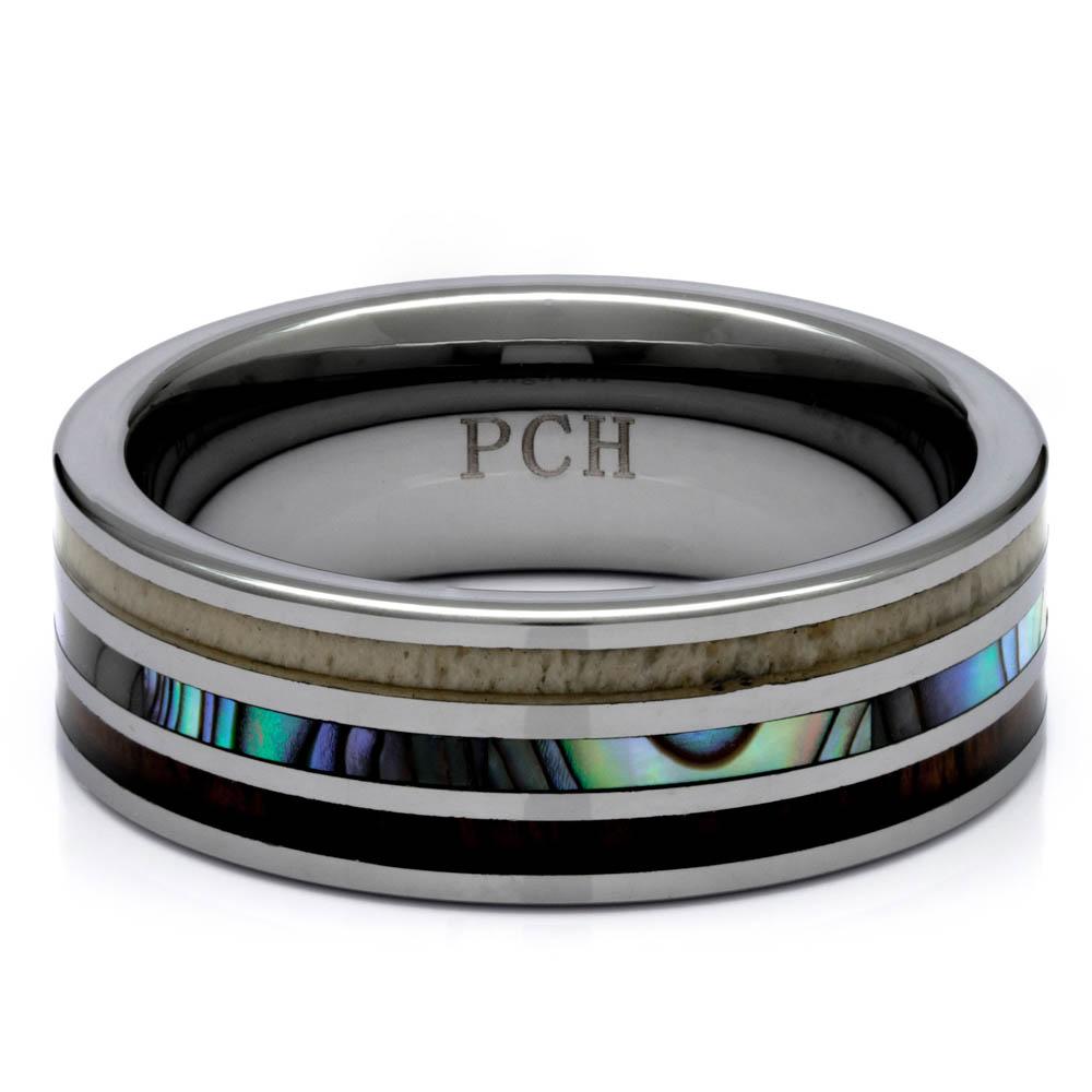 Men's Tungsten Abalone Shell and Antler Ring With Koa Wood Inlay, 8mm Comfort Fit Wedding Band - PCH Rings