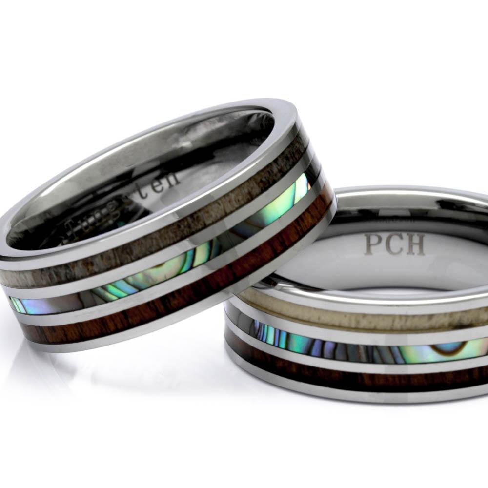 Men's Tungsten Abalone Shell and Antler Ring With Koa Wood Inlay, 8mm Comfort Fit Wedding Band - PCH Rings
