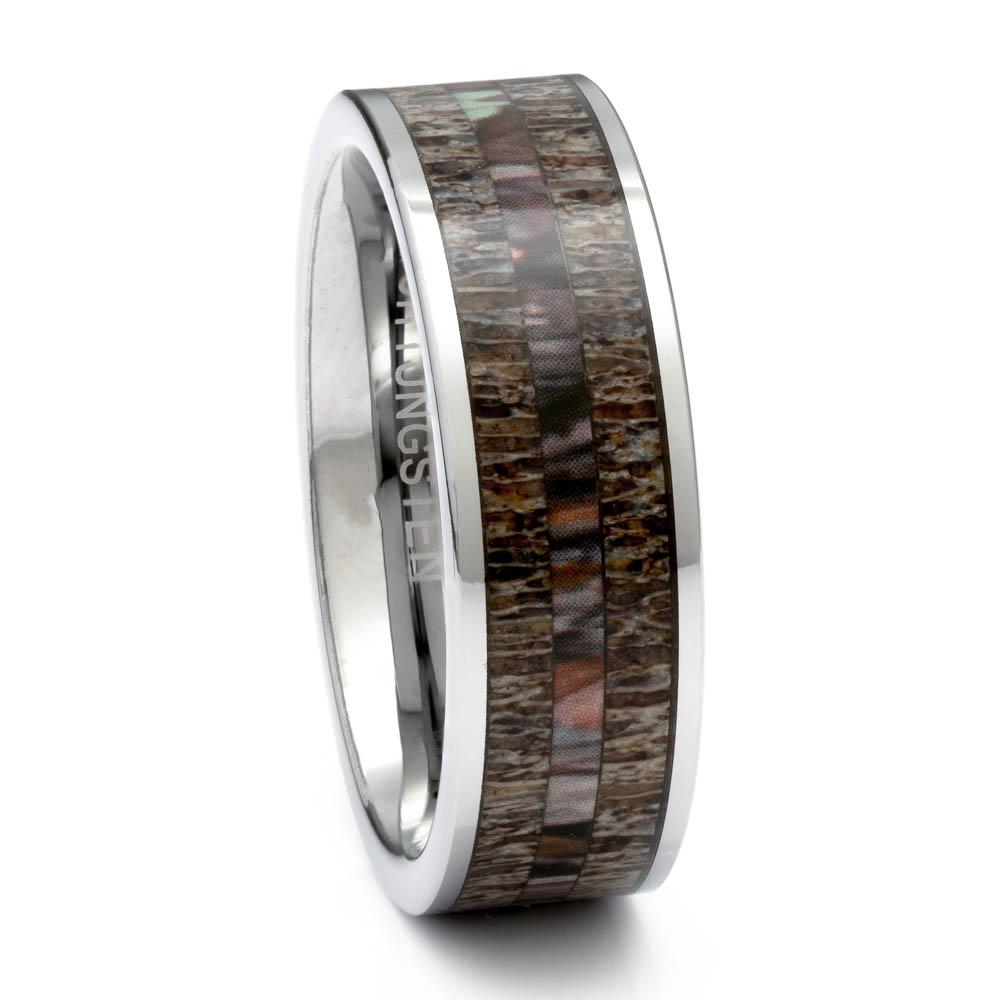 Men's Tungsten Ring With Antler and Camo Inlay, 8mm Comfort Fit Wedding Band - PCH Rings