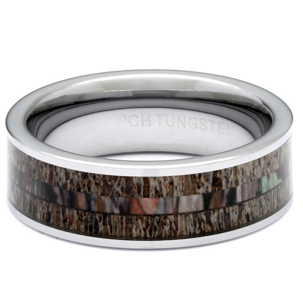 Men's Tungsten Ring With Antler and Camo Inlay, 8mm Comfort Fit Wedding Band - PCH Rings